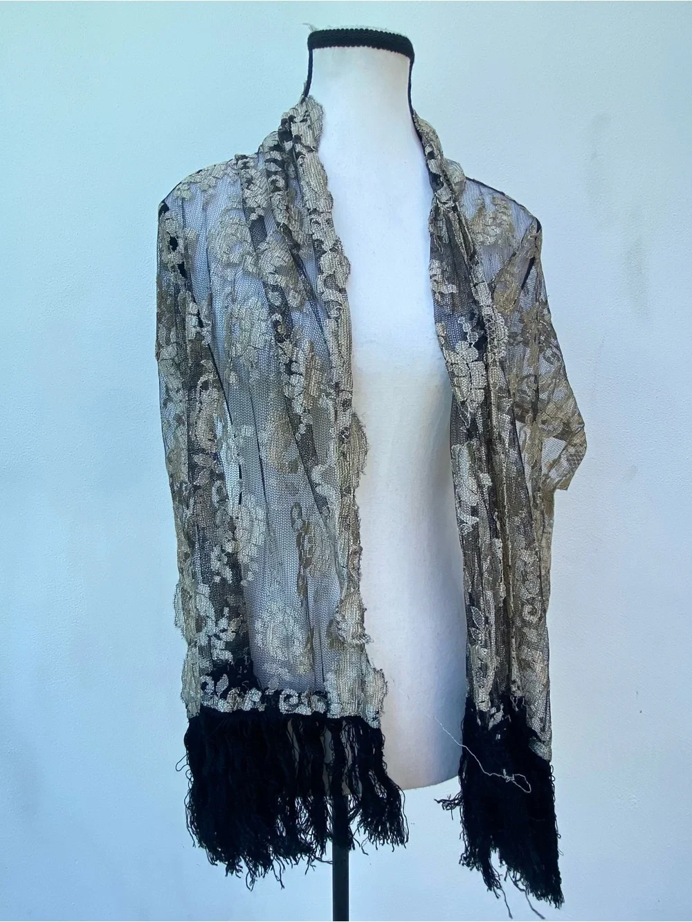 Vintage Gold Lace & Black Mesh Fringe Scarf